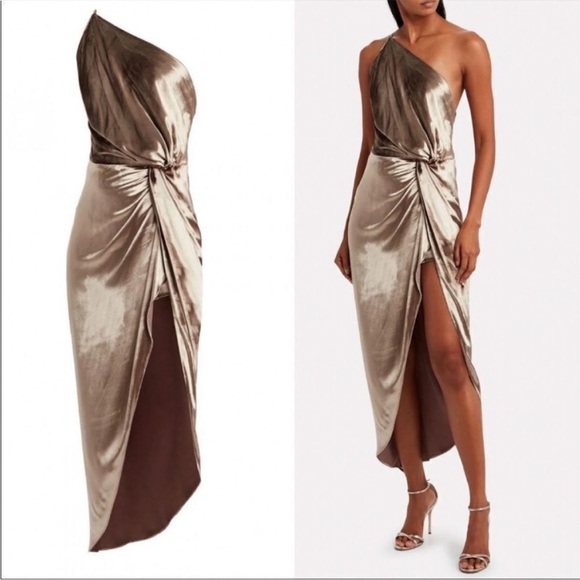 Michelle Mason Dresses & Skirts - MICHELLE MASON Silk Velvet Asymmetrical One-Shoulder Midi Dress Gold 6